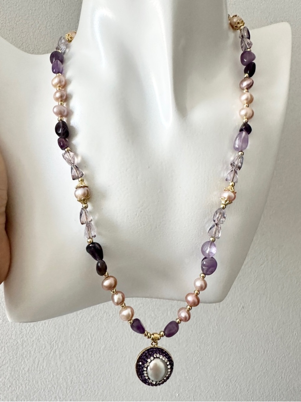 18+3 inch Amethyst & Genuine Pearl Necklace 6mm - Pendant 18.5mm